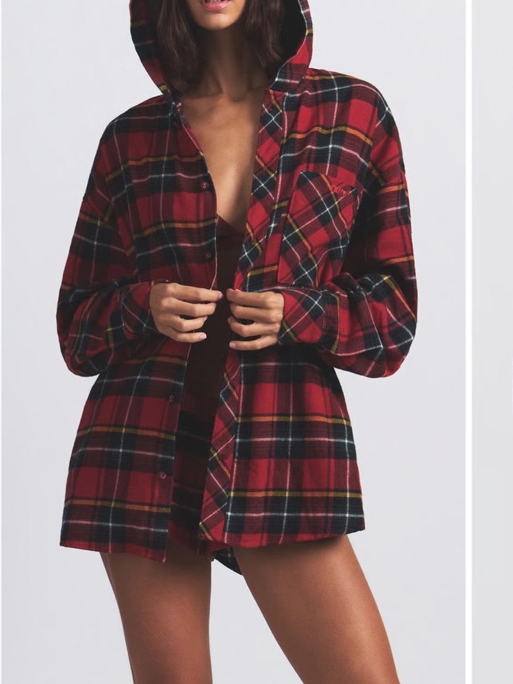 skims Red Flannel Sleep Oversized Hooded Button Up Shirt Holiday Plaid size m